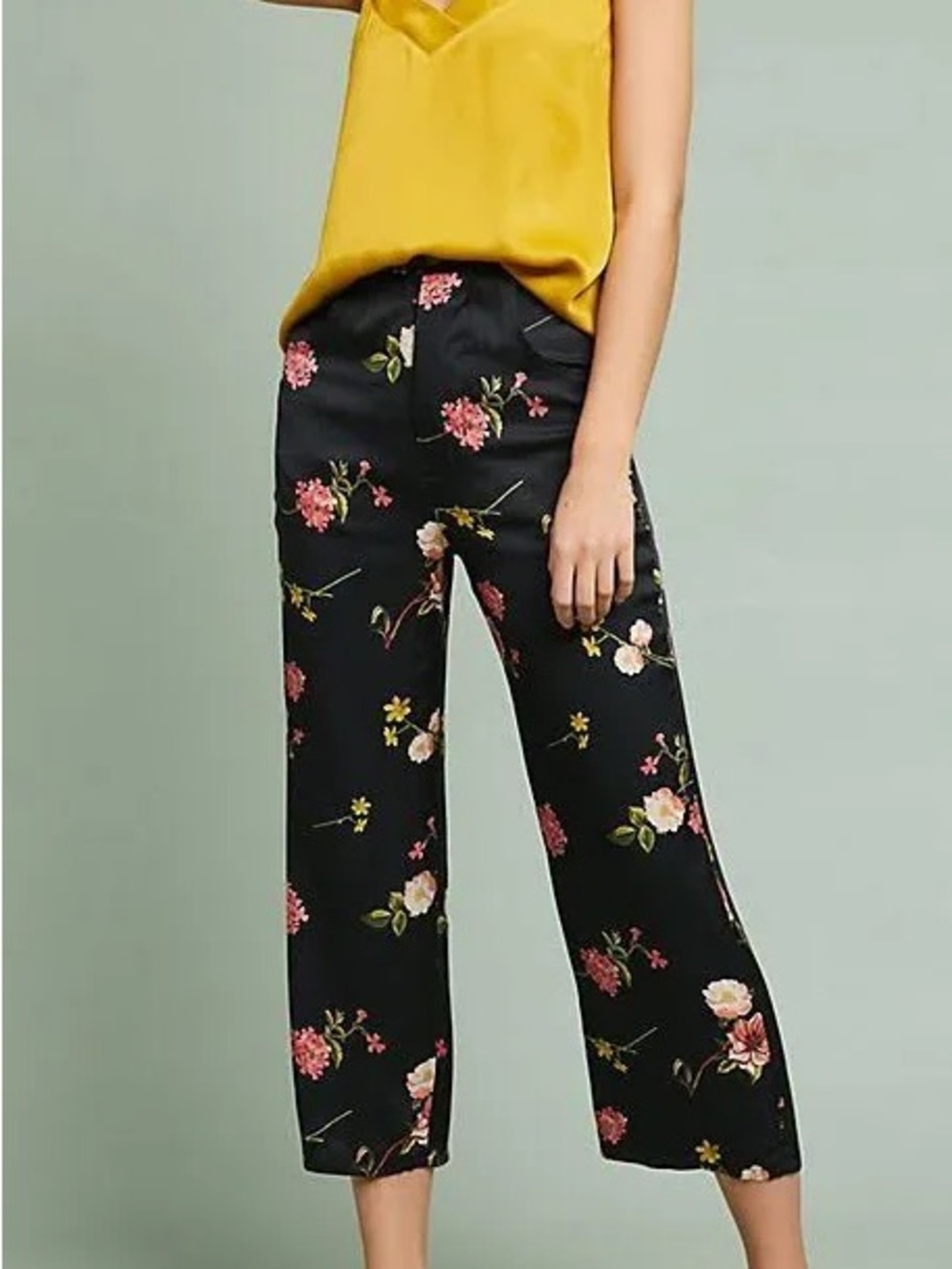 Anthropologie Capulet High-Rise Black Floral Wide-Leg Satin Pants